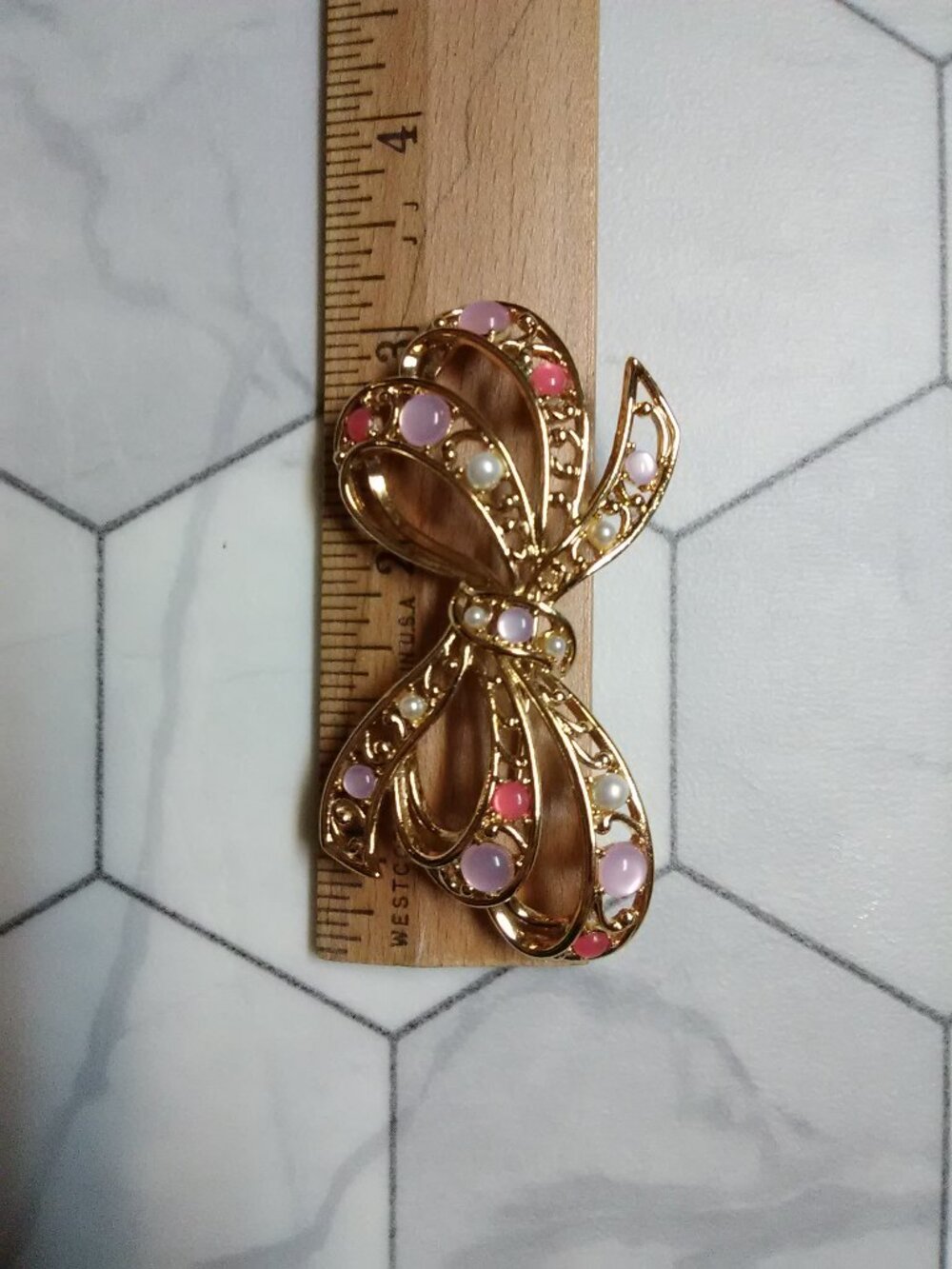 Trifari TM bow / ribbon --- pin or brooch with faux pearls and pink